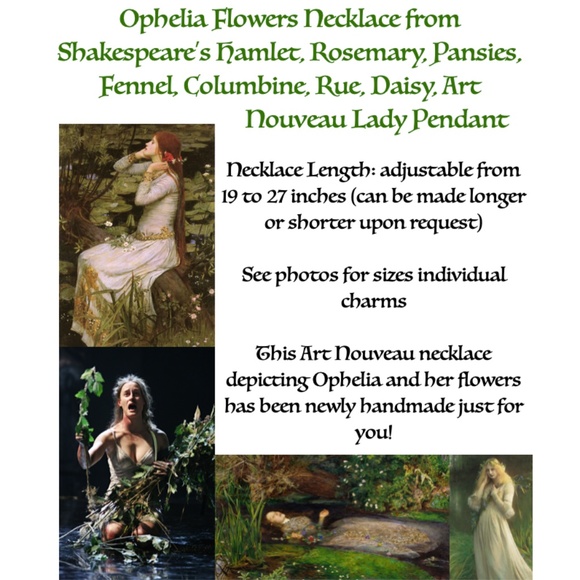 Ophelia's Flowers Handmade Silver Charm Necklace, Hamlet by William Shakespeare - Picture 15 of 16